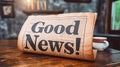 Folded newspaper with the headline Good News! on a wooden table, suggesting positive journalism, with a backdrop of books and Royalty Free Stock Photo