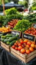 Fresh organic produce on display at a local farmers market with a prominent Non-GMO sign among vibrant tomatoes, zucchinis Royalty Free Stock Photo