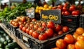Fresh organic produce on display at a local farmers market with a prominent Non-GMO sign among vibrant tomatoes, zucchinis Royalty Free Stock Photo