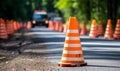 Freshly laid asphalt road marked by vibrant orange traffic cones signaling ongoing construction work in a lush green suburban area Royalty Free Stock Photo