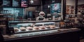 Future of Fast Food Industry with AI Robots. Humanoid AI robot working behind the counter of a fast food restaurant Generative AI