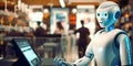 Futuristic AI Robot Cashier Assists Customers in a Digital Store