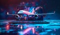 Futuristic concept of a commercial airliner jet emerging from a laptop screen, symbolizing online travel booking, virtual Royalty Free Stock Photo