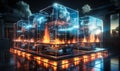 Futuristic neon cloud computing concept with glowing, cybernetic server racks within a cloud icon, representing data storage