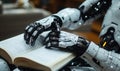 Futuristic robotic hand interacting with a book symbolizing the intersection of advanced technology and traditional knowledge in Royalty Free Stock Photo