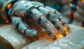 Futuristic robotic hand interacting with a book symbolizing the intersection of advanced technology and traditional knowledge in Royalty Free Stock Photo