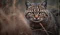 GeoffroyÃ¢â¬â¢s cat small wild feline native to South America crouched low in tall grass alert & ready to pounce on its prey