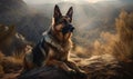 German Shepherd alert and poised amidst a rugged mountain landscape photo showing breeds characteristic strength loyalty