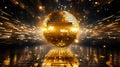 Glittering disco ball reflecting golden light beams on the dance floor creating a dazzling spectacle and festive atmosphere Royalty Free Stock Photo