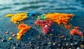 Global environmental issue of microplastic pollution depicted by colorful plastic debris forming world map, highlighting the Royalty Free Stock Photo
