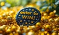 Golden raffle ticket with the phrase enter to WIN! suggesting participation in a lottery, contest, sweepstake, or a chance to