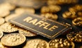 Golden raffle ticket with RAFFLE! text, symbolizing chance, competition, and luck in a prize draw or lottery event with a