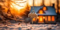 Golden winter sunrise illuminates a house-shaped key evoking the warmth of a cozy home amidst a snowy landscape symbolizing Royalty Free Stock Photo