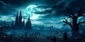 Graveyard cemetery to castle In Spooky scary dark Night full moon and bats on dead tree. Holiday event halloween banner background Royalty Free Stock Photo