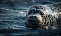 Gray seal floating in the frigid Arctic waters surrounded by shimmering icebergs & crystal-clear skies. portrait captures essence