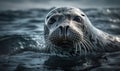 Gray seal floating in the frigid Arctic waters surrounded by shimmering icebergs & crystal-clear skies. portrait captures essence