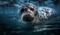 Gray seal floating in the frigid Arctic waters surrounded by shimmering icebergs & crystal-clear skies. portrait captures essence