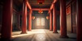 Hallway with wooden red arche of Torii at monastery. Generative AI