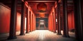 Hallway with wooden red arche of Torii at monastery. Generative AI