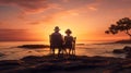 Happy senior couple enjoy the golden time after retirement on the beach at sunset Royalty Free Stock Photo