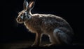 Hare genus Lepus captured on black background lighting accentuates every detail of its fur & delicate features highlighting hares