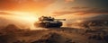 The Heat of Battle Armored Tank Overcomes a Mine Field in the Desert. Generative AI Royalty Free Stock Photo