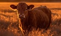 Heifer bovine peacefully grazing in golden wheat field illuminated by warm rays of setting sun highlighting every intricate detail