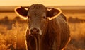 Heifer bovine peacefully grazing in golden wheat field illuminated by warm rays of setting sun highlighting every intricate detail