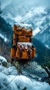 Hikers backpack resting against a mountain rock with ENDURE painted on it amidst snowy peaks, embodying the spirit of