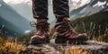 Hikers boots up close with beautiful mountain backdrop. Generative AI