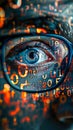 Human eye peering through glasses, surrounded by an array of floating, three-dimensional letters in a cryptic pattern