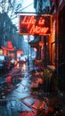 Illuminated neon sign in a rainy cityscape boldly declaring Life is Now, emphasizing the concept of living in the moment and Royalty Free Stock Photo