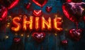 Illuminated red neon SHINE sign surrounded by glowing red heart-shaped balloons against a dark backdrop, evoking romance Royalty Free Stock Photo