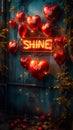 Illuminated red neon SHINE sign surrounded by glowing red heart-shaped balloons against a dark backdrop, evoking romance Royalty Free Stock Photo