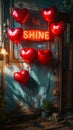 Illuminated red neon SHINE sign surrounded by glowing red heart-shaped balloons against a dark backdrop, evoking romance Royalty Free Stock Photo