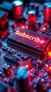 Illuminated Subscribe button on a vibrant circuit board, digital subscription concept, technology background, social media Royalty Free Stock Photo