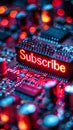 Illuminated Subscribe button on a vibrant circuit board, digital subscription concept, technology background, social media Royalty Free Stock Photo