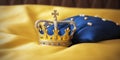 Illustration of Swedish Royal Crown on pillow on swedish flag colours background. Symbols of Sweden monarchy. Generative AI