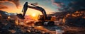 Industrial excavator on construction site against a vibrant sunset, depicting heavy machinery at work in mining operations Royalty Free Stock Photo