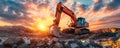 Industrial excavator on construction site against a vibrant sunset, depicting heavy machinery at work in mining operations Royalty Free Stock Photo