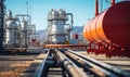 Industrial landscape Detailed view of gas and chemical plant infrastructure with storage tanks pipelines and modern machinery Royalty Free Stock Photo
