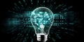 Innovative light bulb in virtual cyberspace network with binary code background. Generative AI Royalty Free Stock Photo