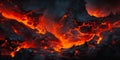 Intense volcanic landscape with molten lava flows and rugged black terrain, depicting natures fury and raw energy in a