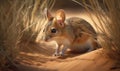 Kangaroo mouse in sandy desert landscape featuring dunes & sparse vegetation highlighting kangaroo mouses natural habitat Royalty Free Stock Photo