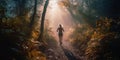 Lady Trail Runner Embracing the Dawn on a Forest Path with Abstract Bokeh Light. Generative AI Royalty Free Stock Photo