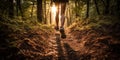 Lady trail runner on forest path with close up of legs. Generative AI Royalty Free Stock Photo