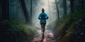 Lady trail runner running on forest path at dawn with abstract bokeh light. Generative AI Royalty Free Stock Photo