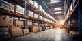 A large warehouse interior filled with lots of boxes, towering stacks, organized chaos for commercial or logistical concepts Royalty Free Stock Photo