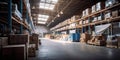 A large warehouse interior filled with lots of boxes, towering stacks, organized chaos for commercial or logistical concepts Royalty Free Stock Photo