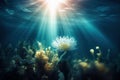 a light shining down over an ocean intricate underwater world. Generative AI